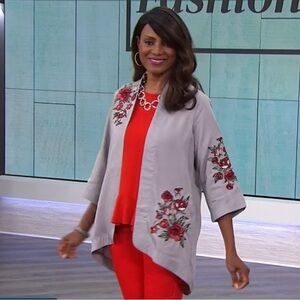 DG2 Diane Gilman Embroidered Floral Kimono Cardigan High Low  XS Gray Tencel